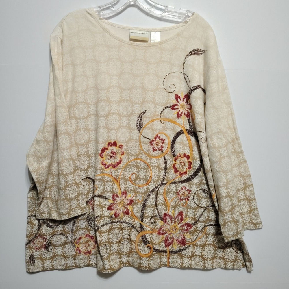 Alfred Dunner Woman's 2X Cream Floral Print‎ Boat Neck Long Sleeve Top